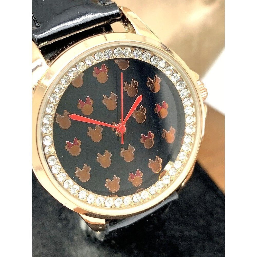 Disney Minnie Mouse Women's Watch MN1618 Quartz Gemmed Black Leather Str…